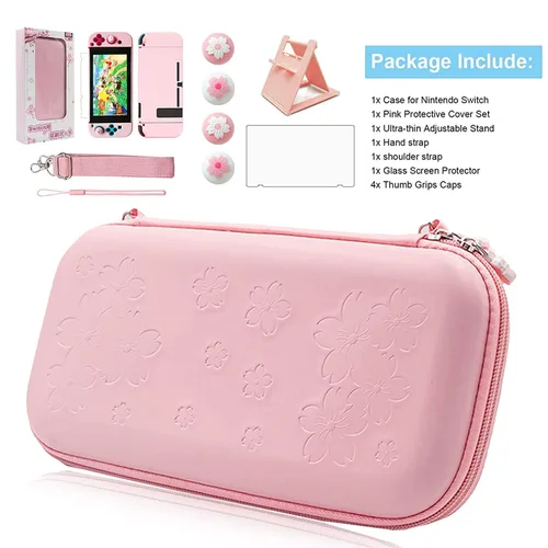 Vista 7 de Sakura - Kit de accesorios de transporte de viaje rosa, funda de transporte rosa compatible con Nintendo Switch. Funda protectora rígida rosa