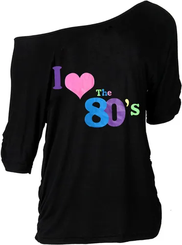 Vista 2 de Trajes de los años 80, accesorios de disfraz para mujer, camiseta con hombros descubiertos con estampado de los años 80 para disfraces de los años 80