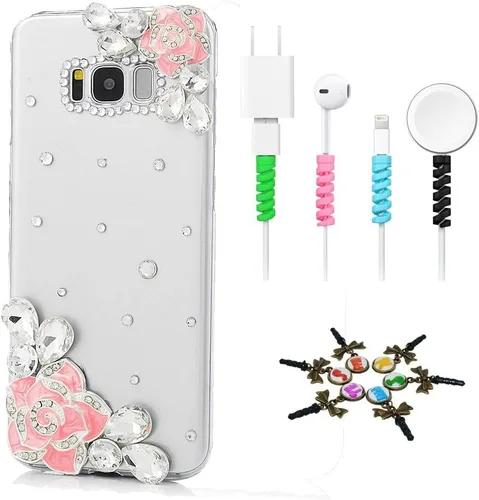 Vista 4 de Sparkle Funda compatible con Samsung Galaxy J2 Prime – Elegante funda con diseño de flores brillantes 3D hecha a mano con protector de cable
