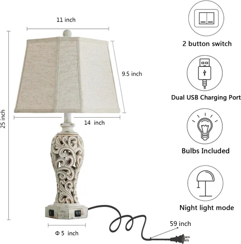 Vista 5 de Lámpara de mesa de granja de 25 pulgadas para sala de estar y dormitorio, lámpara de noche de diseño rústico vintage con 2 puertos USB y luz
