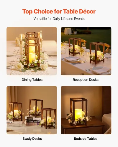 Vista 6 de VEVOR Juego de 10/30 piezas de centro de mesa de madera para boda, incluye 10 portavelas de madera, 10 velas LED sin llama, 10 coronas florales