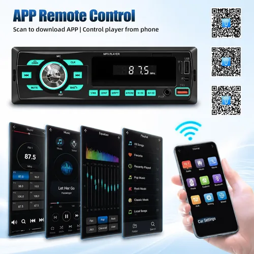 Vista 4 de Radio de coche Bluetooth Single DIN Audio estéreo para automóvil, audio para automóvil con Bluetooth dual y control de aplicaciones, compatible
