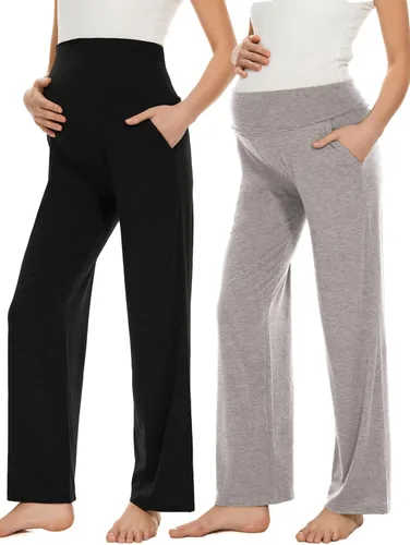 Vista 12 de Ecavus Pantalones de maternidad anchos y rectos para mujer, versátiles, cómodos, palazzo, elásticos, con bolsillos