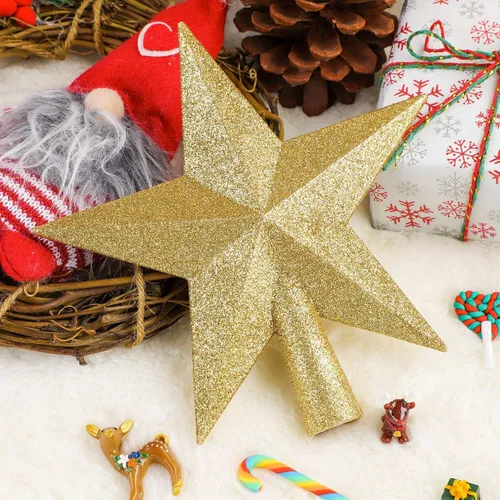 Vista 5 de URATOT Adorno de estrella de Navidad brillante para copa de árbol, decoración decorativa inastillable para árbol de Navidad, estrella dorada, 10 cm