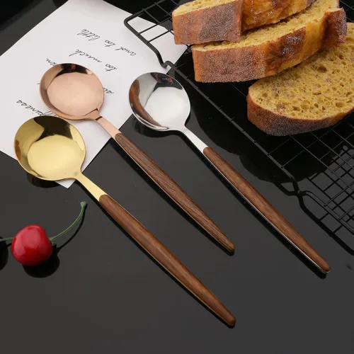 Vista 8 de JASHII Juego de cubiertos con mango de madera, 20 piezas de cubiertos de acero inoxidable, pulido con espejo, juego de cucharas y tenedores
