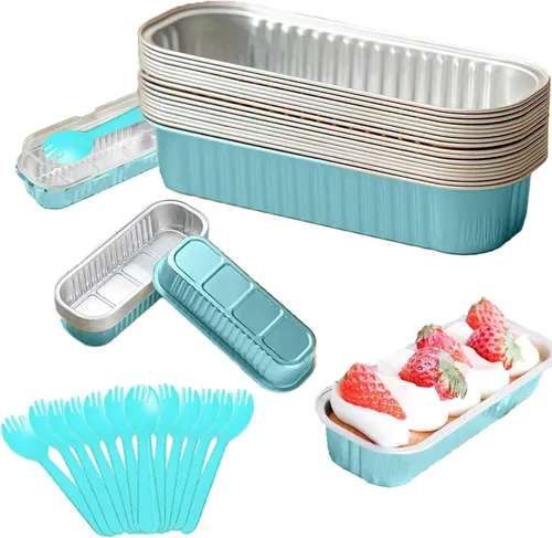 Vista 10 de Juego de 12 mini moldes para pan con tapas y cucharas, 200 ml, desechables, rectangulares, de aluminio con papel de aluminio, para hornear pasteles