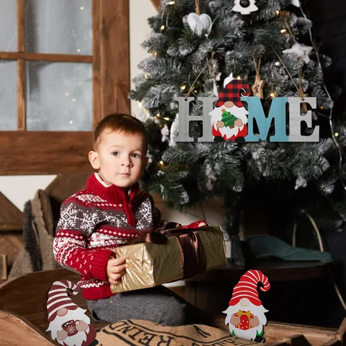 Vista 5 de 13 piezas de gnomo intercambiable para el hogar, letrero de madera 3D para Navidad, invierno, decoración de puerta de temporada, decoración rústica