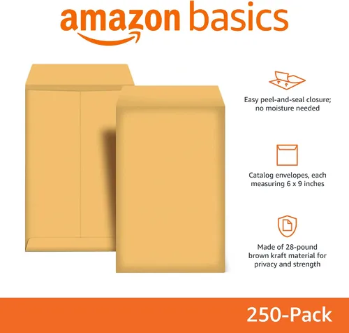 Vista 2 de Amazon Basics - Sobres para envíos de catálogo, cierre adhesivo, 6 x 9 pulgadas, marrón kraft, paquete de 500