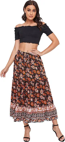 Vista 62 de Milumia Women Boho Vintage Floral Print Long Skirt Summer Tiered Maxi Skirt