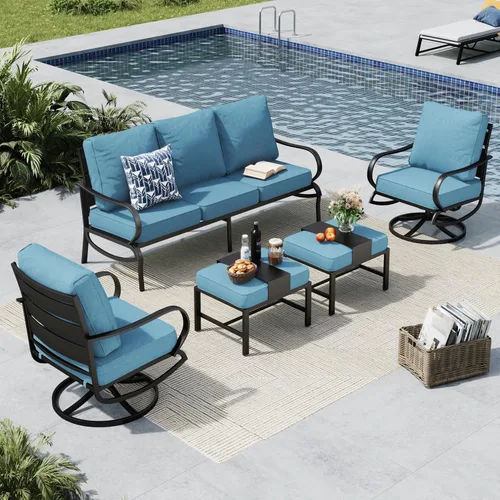 Vista 27 de MFSTUDIO Juegos de muebles de patio, sofás de conversación de metal para exteriores con 1 sofá de 3 asientos para jardín, cojín beige