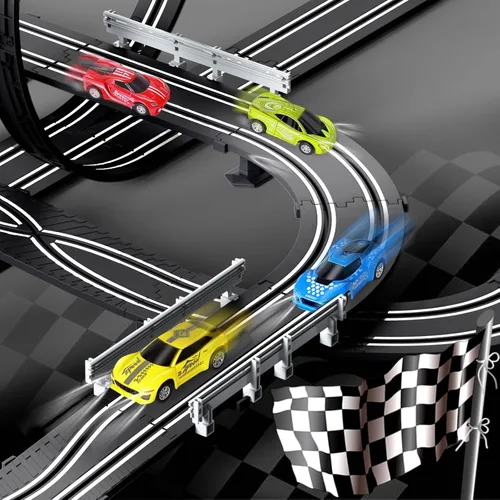 Vista 5 de Juegos de pista de carreras de coches de ranura para niños, batería o pista de carreras eléctrica con 4 coches de ranura de alta velocidad y 2