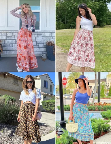 Vista 5 de MEROKEETY - Falda larga por debajo de la rodilla, acampanada y plisada de cintura alta con estampado floral bohemio y bolsillos para mujer