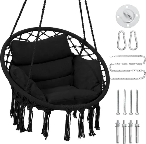 Vista 9 de KROFEM - Silla columpio de macramé, silla colgante para dormitorio, cojín grueso Gris ordinario