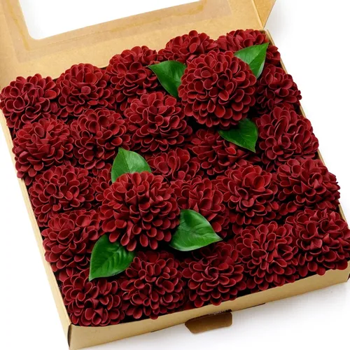 Vista 10 de Flores de dalia de imitación para boda, 25 rosas rosadas con tallos para decoración de boda, centro de mesa, arreglo de ramo (rubor)
