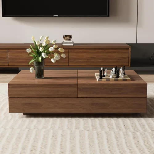 Vista 5 de Mesa de centro expandible de mediados de siglo con almacenamiento – Mesa central ajustable de 47.2"-81.9" para la sala de estar, acabado en madera