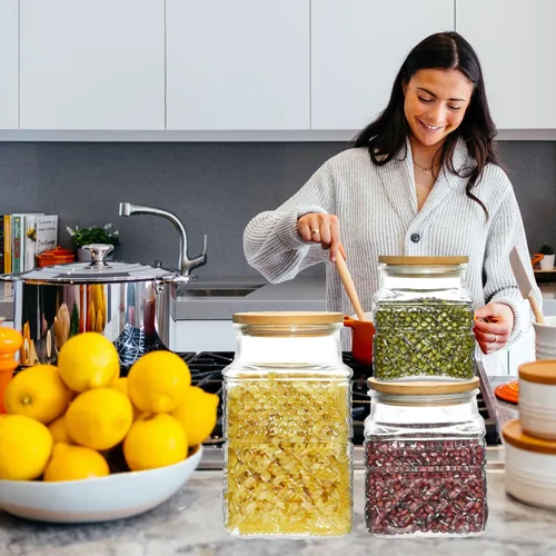 Vista 7 de Recipientes de vidrio para alimentos con tapas herméticas de bambú para dulces, aperitivos, café, galletas, frascos de vidrio, recipientes