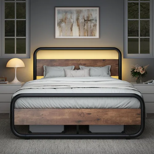 Vista 9 de Catrimown - Marco para cama individual con luces LED, marco de cama plataforma individual resistente de metal rústico con cabecera de madera