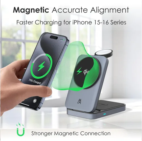 Vista 7 de Estación de carga 3 en 1, soporte de cargador inalámbrico Magsafe Qi2, estación de carga inalámbrica plegable compatible con tu Apple iPhone