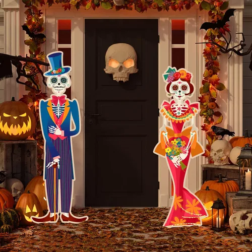 Vista 4 de Namalu Paquete de 2 carteles de Día de los Muertos para patio al aire libre, decoraciones de césped con calavera de azúcar con estacas para fiesta