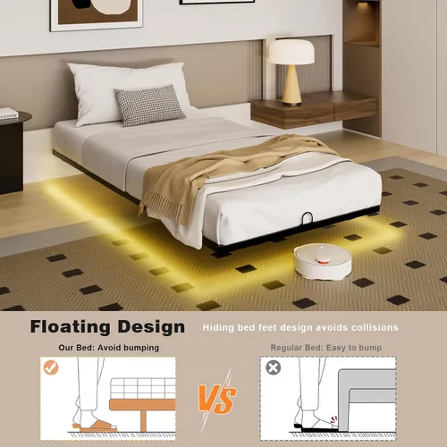 Vista 4 de Base de cama flotante tamaño individual, marco de cama individual con luces LED inteligentes, cama de plataforma de metal moderna y resistente