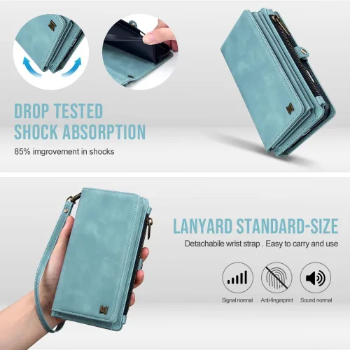 Vista 7 de Funda tipo cartera para iPhone 16 Pro Max con 8 tarjeteros, bloqueo RFID, piel sintética, función atril, abatible, correa de muñeca y correa