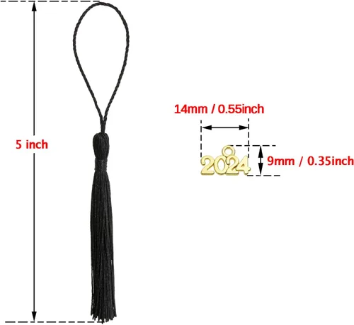 Vista 3 de Tupalizy 10 mini borlas sedosas hechas a mano con 20 dijes del año 2024 para graduación, llavero, aretes, joyería, regalos de boda, recuerdos, Negro