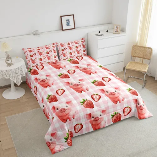Vista 4 de Manfei Juego de edredón para niños de fresa roja, tamaño individual, juego de ropa de cama de cerdo acuarela de 2 piezas para niños, niñas