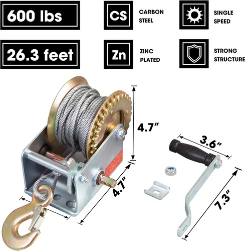 Vista 5 de TCE ATRT1061CU Torin Torin 600lbs Capacidad Manual Remolque Cabrestante con cable de 26.3 pies