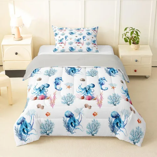 Vista 19 de Erosebridal Blue Ocean - Juego de edredón tamaño individual Juego de ropa de cama de ballena delfín y tortuga marina para niños y niñas, juego