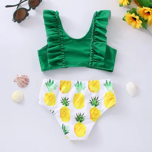 Vista 3 de Traje de baño de dos piezas para niñas pequeñas con volantes y estampado de piña (verde, 6-7 años)