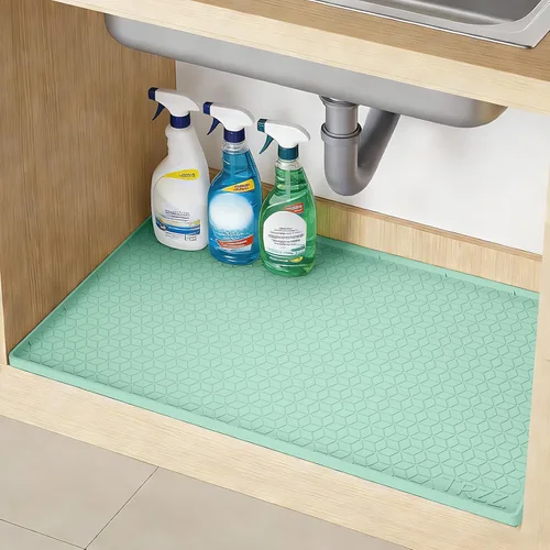 Vista 14 de TRZZ Tapete de silicona impermeable para debajo del fregadero de 34 x 22 pulgadas, bandeja de goteo y forro de gabinete para cocina y baño, evita