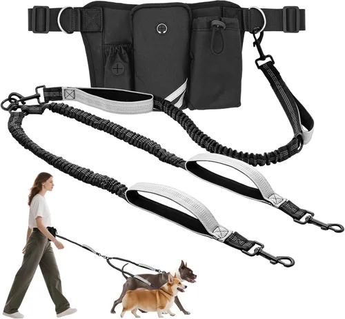 Vista 9 de Skmeditec Correa de perro manos libres con bolsa de cintura para pasear perros grandes, correa elástica que absorbe los golpes con bolsa