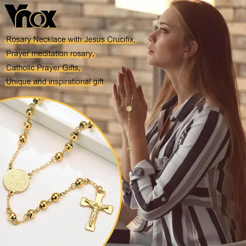 Vista 2 de VNOX Collar unisex de acero inoxidable largo con cuentas de rosario de Jesús cruz católica crucifijo católico 36 pulgadas Edelstahl Piedra de lava