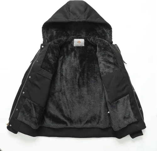 Vista 6 de MOERDENG Chaqueta de utilidad de ajuste relajado para hombre, forro polar de pato lavado, múltiples bolsillos, abrigo con capucha de invierno