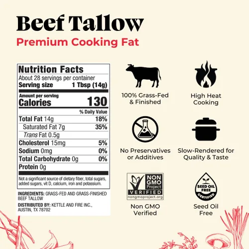 Vista 2 de Kettle & Fire Tallow de carne para cocinar Tarro de vidrio de 14 onzas Grasa de cocción premium 100% alimentado con pasto y acabado Apto
