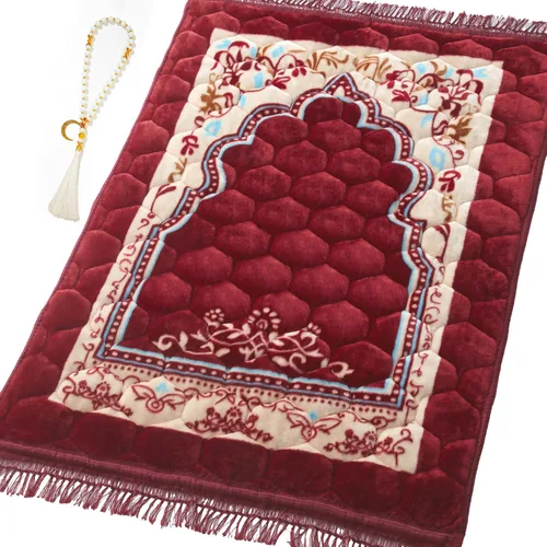 Vista 11 de Alfombra de oración musulmana con cuentas de oración Tasbih, suave y grande para oración islámica mate, alfombrilla de oración islámica acolchada