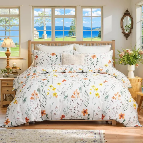 Vista 19 de Juego de edredón floral azul tamaño Queen, juego de ropa de cama botánica azul 100% algodón, edredón suave transpirable de 3 piezas y 2 fundas