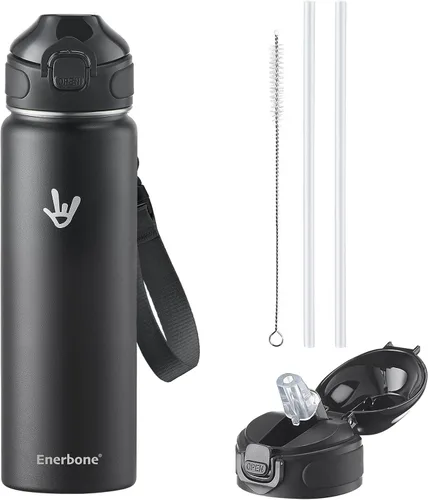 Vista 12 de Enerbone Botella de agua aislada de 24 onzas, 2 tapas de 24 onzas (con pajilla / sin pajilla), frasco de doble pared de acero inoxidable