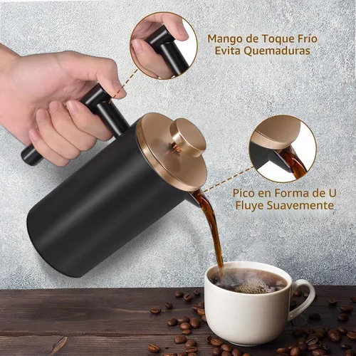 Vista 4 de Cafetera de Prensa Francesa de Acero Inoxidable Negro, Prensa Francesa Aislada de Doble Pared, para Café y Té, con 3 Pantallas Extra y una Cuchara