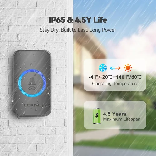 Vista 3 de TECKNET Timbre inalámbrico para el hogar, IP65 impermeable, 1,970 pies, 120 dB, timbre de puerta inalámbrico para aula con 60 campanas y 5 niveles