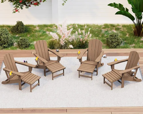 Vista 11 de KINGYES Silla Adirondack plegable ajustable con otomana y 2 portavasos, silla reclinable Adirondack HDPE con reposapiés, Aruba