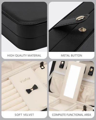 Vista 3 de Joyero pequeño, joyero de viaje portátil para mujer, mini organizador de viaje de 2 capas, regalo para mujeres y niñas, negro A