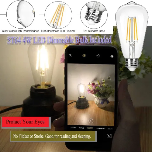 Vista 4 de Lámpara de mesa vintage con control táctil, bombilla LED regulable Edison de 4 W incluida, con 3 niveles de brillo, luz nocturna industrial