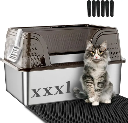Vista 9 de Suhaco Caja extra grande de arena para gatos de acero inoxidable con tapa XXL Cajas de arena para gatos con lados altos incluidas Alfombrilla