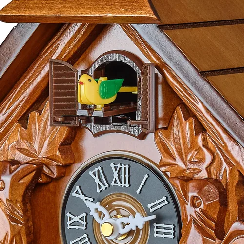 Vista 5 de TIMEGEAR Reloj de cuco con modo nocturno, movimiento de cuarzo y decoraciones de madera (marrón)