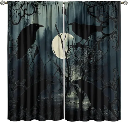 Vista 11 de Cortinas góticas rústicas con estampado de cuervo de bosque brumoso, rama, luna, bolsillo para barra, cortinas de ventana para dormitorio, sala