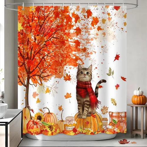 Vista 8 de APROPHIC Cortina de ducha de calabaza de otoño para baño, 72 x 72 pulgadas Negro1