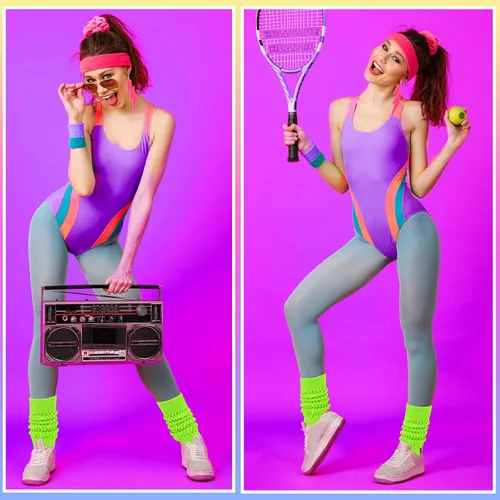 Vista 4 de Calcetines holgados de neón para mujer, calcetines altos hasta la rodilla de los años 80 y 90 con aretes de neón y coleteros para fiesta de los años