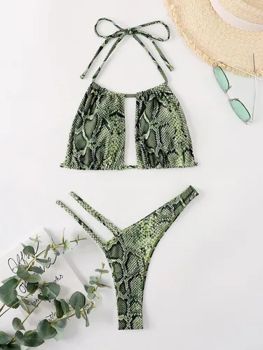 Vista 4 de WDIRARA Traje de baño de dos piezas con estampado de piel de serpiente para mujer
