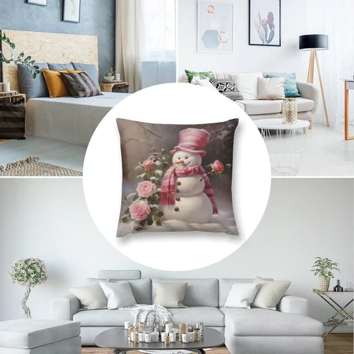 Vista 5 de Funda de cojín de muñeco de nieve con rosas rosadas, bufanda y sombrero, funda de almohada para cama, decoración moderna para sofá, dormitorio, sala